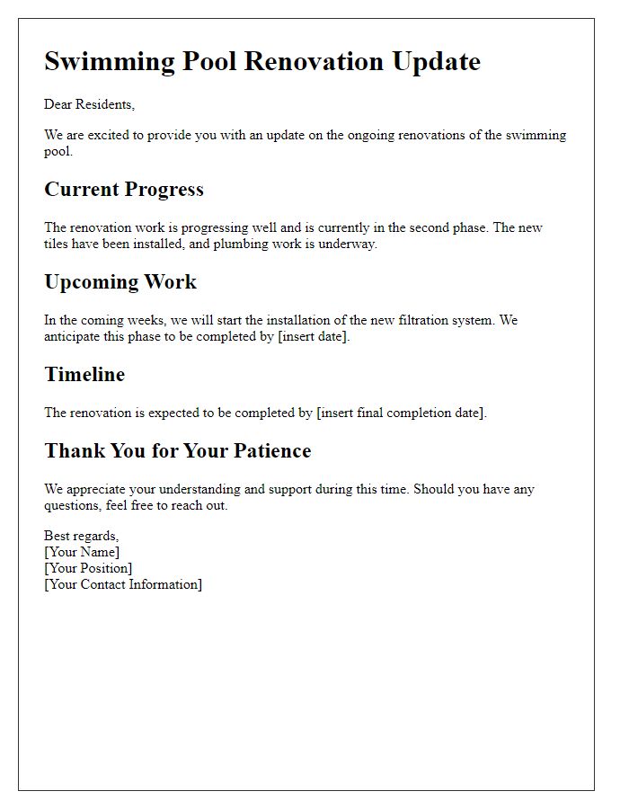 Letter template of updates on swimming pool renovation