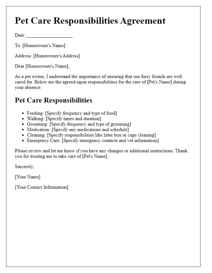 Letter template of pet care responsibilities for homeowners.