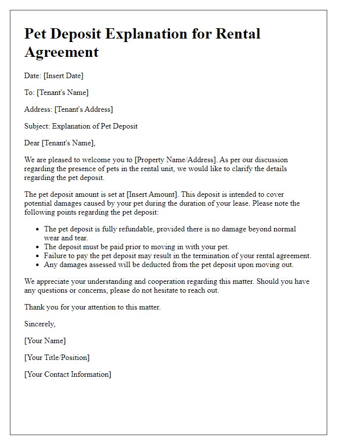 Letter template of pet deposit explanation for rental agreements.