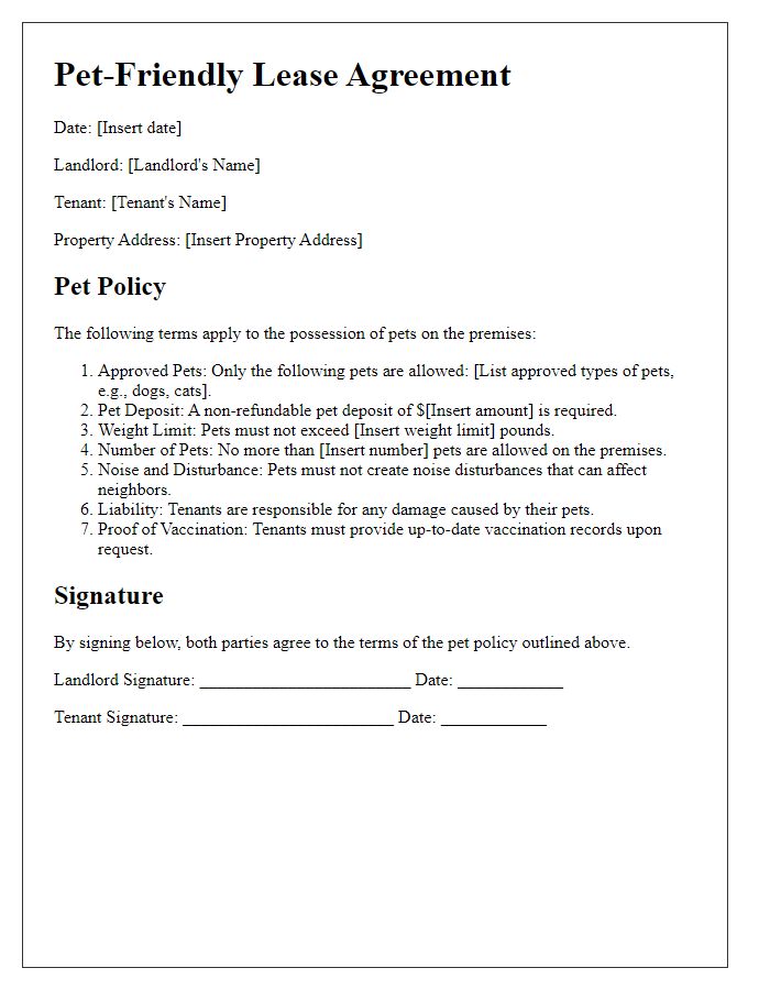 Letter template of pet-friendly lease terms for landlords.