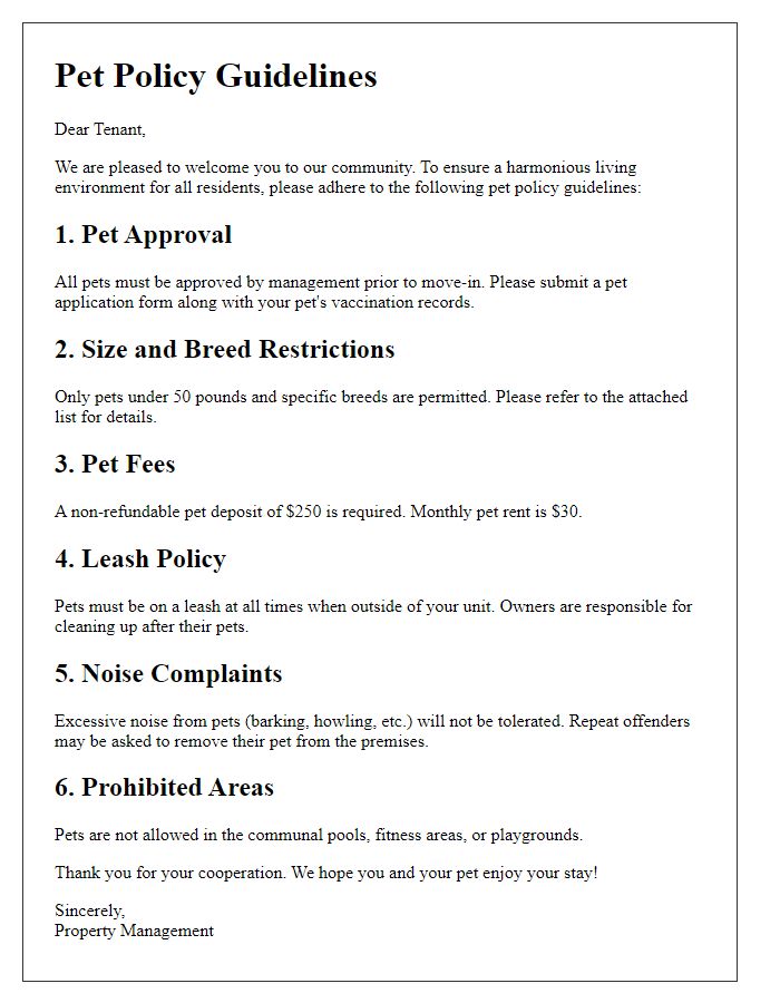 Letter template of pet policy guidelines for tenants.