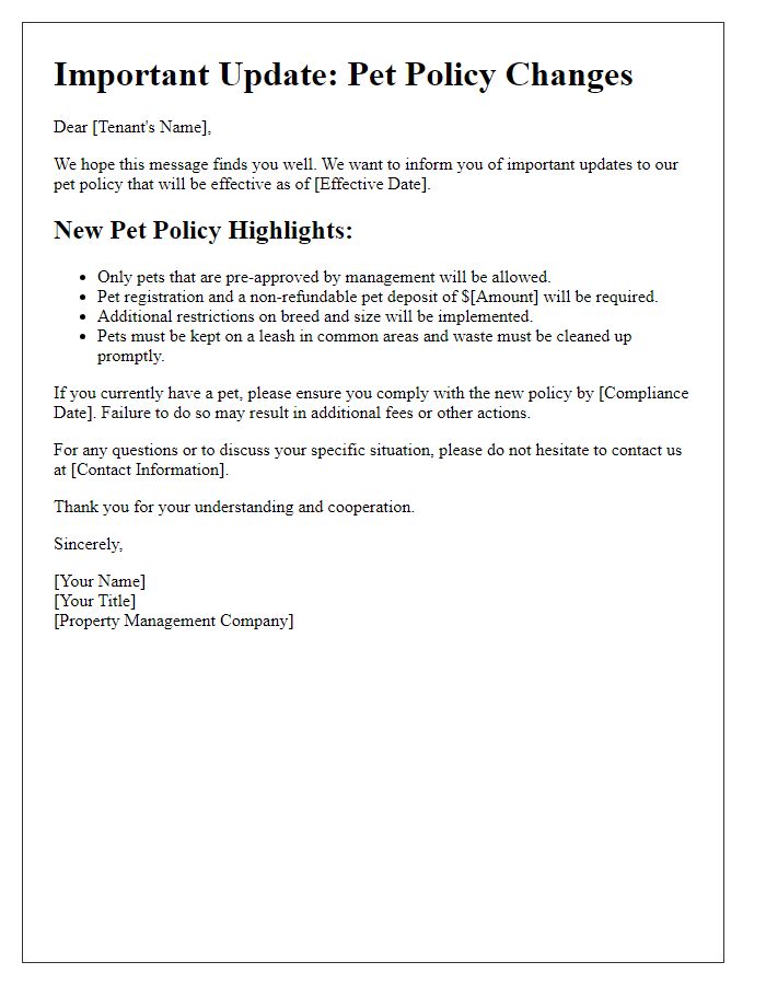 Letter template of pet policy updates for existing tenants.