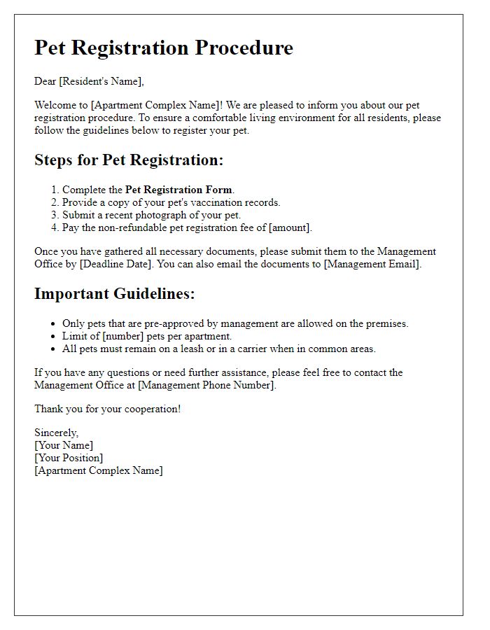 Letter template of pet registration procedure for apartment dwellers.