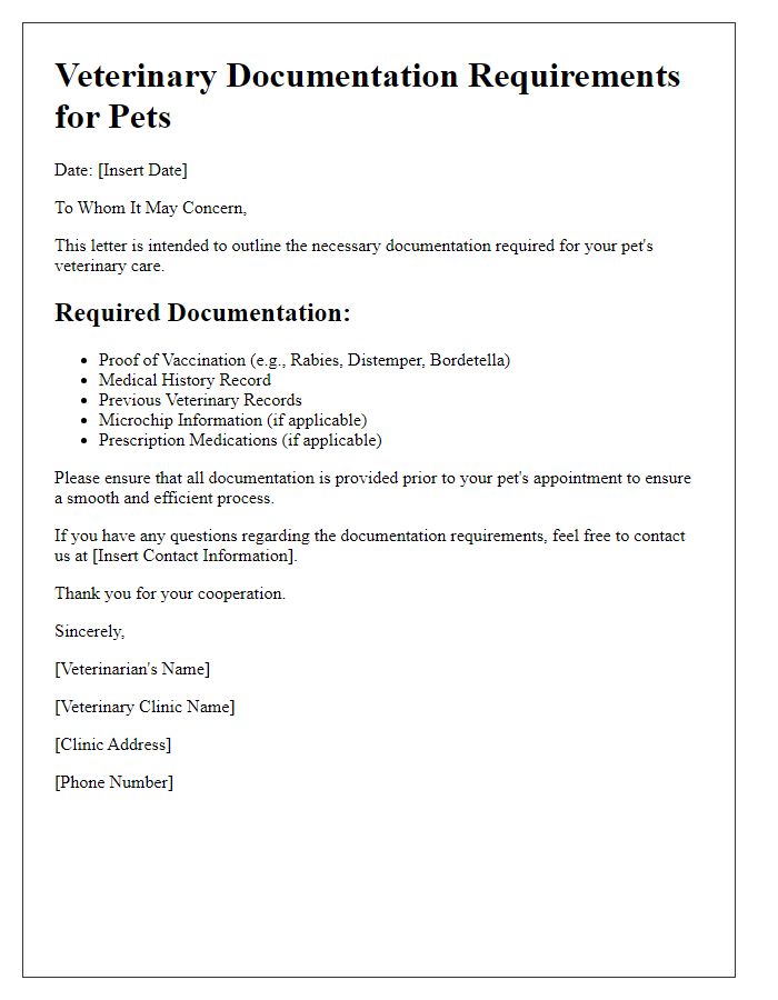 Letter template of veterinary documentation requirements for pets.