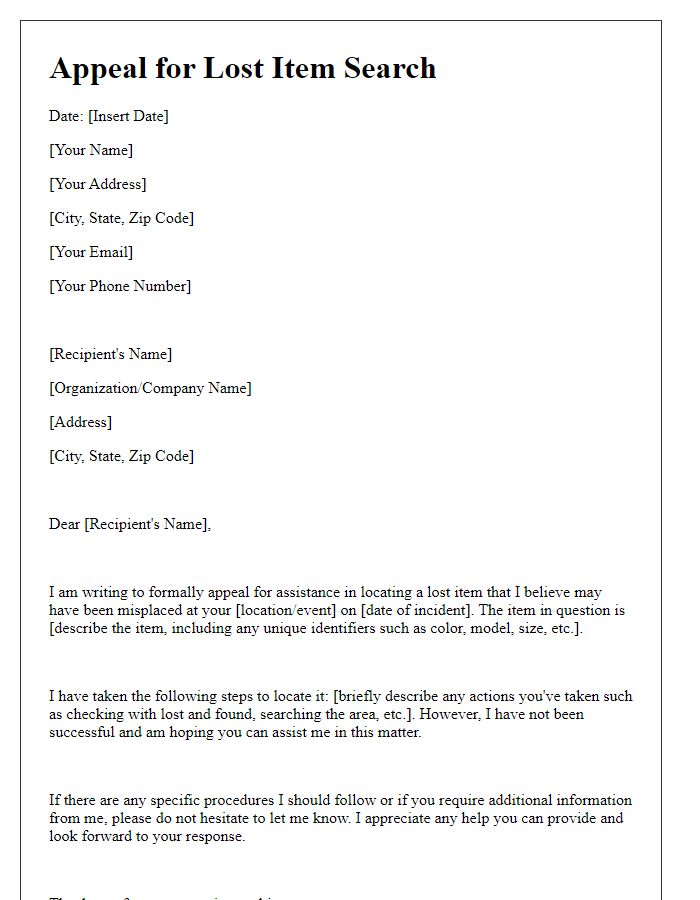 Letter template of appeal for lost item search