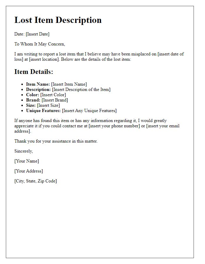 Letter template of description for lost item details