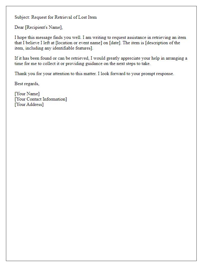 Letter template of email request for lost item retrieval