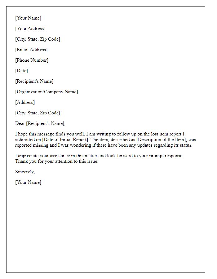 Letter template of follow-up inquiry for a lost item report