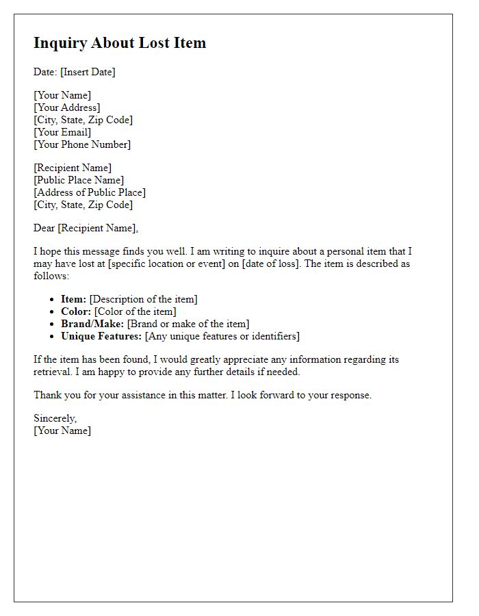 Letter template of inquiry for lost item in a public place