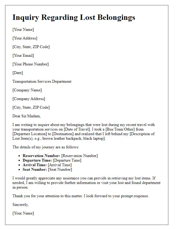 Letter template of inquiry to retrieve lost belongings from transportation services