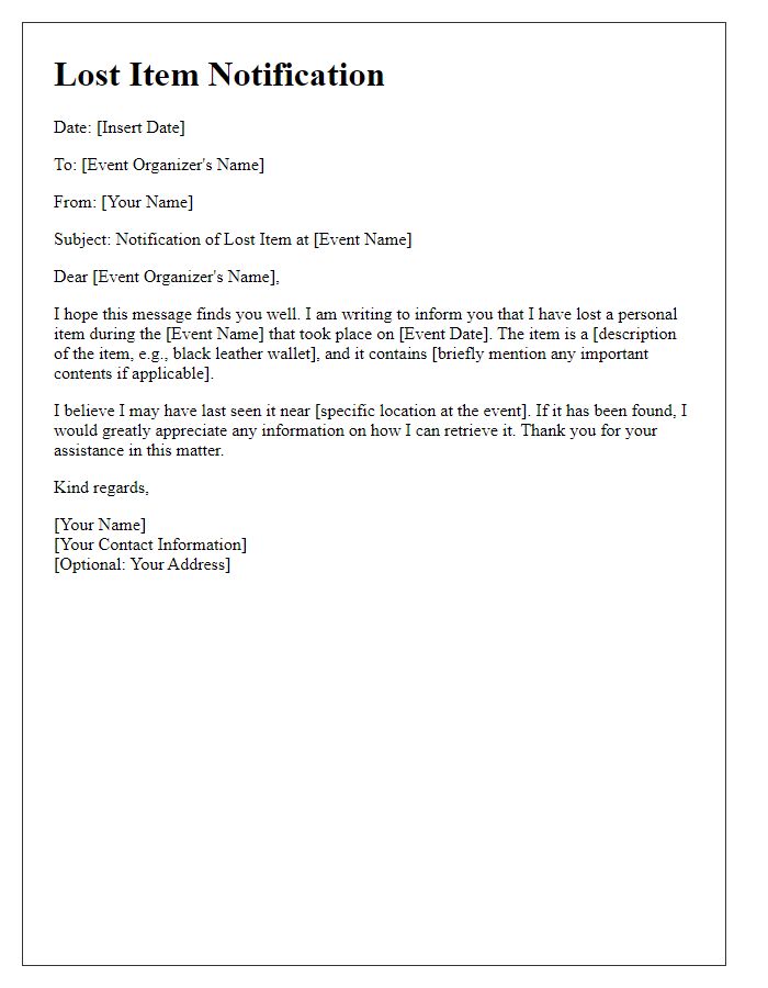 Letter template of notification about a lost item at an event