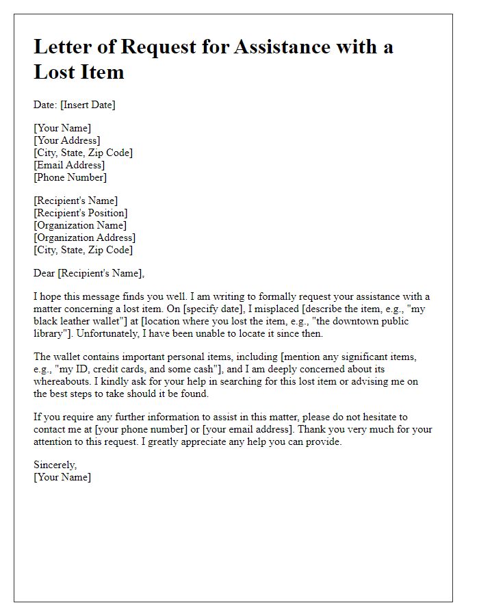 Letter template of request for assistance with a lost item