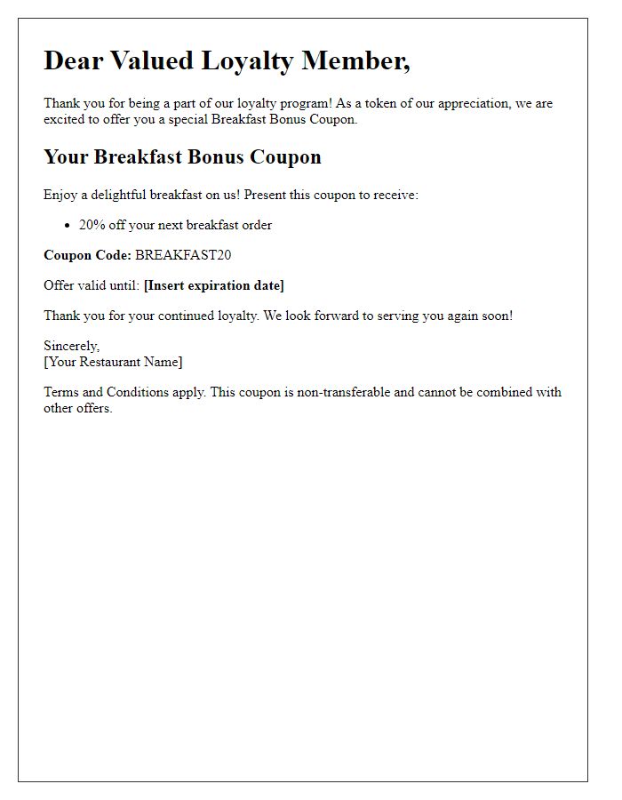 Letter template of breakfast bonus coupon for loyalty members