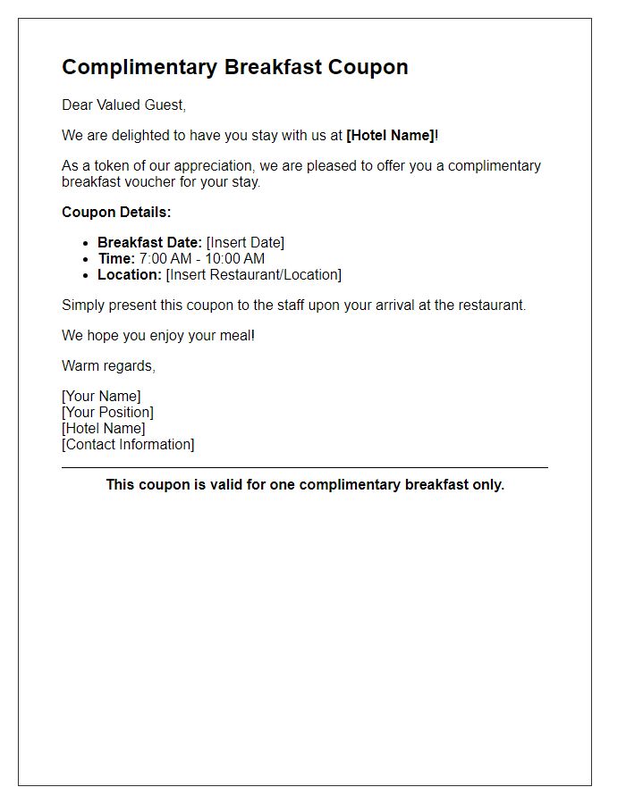 Letter template of free breakfast coupon for hotel stay