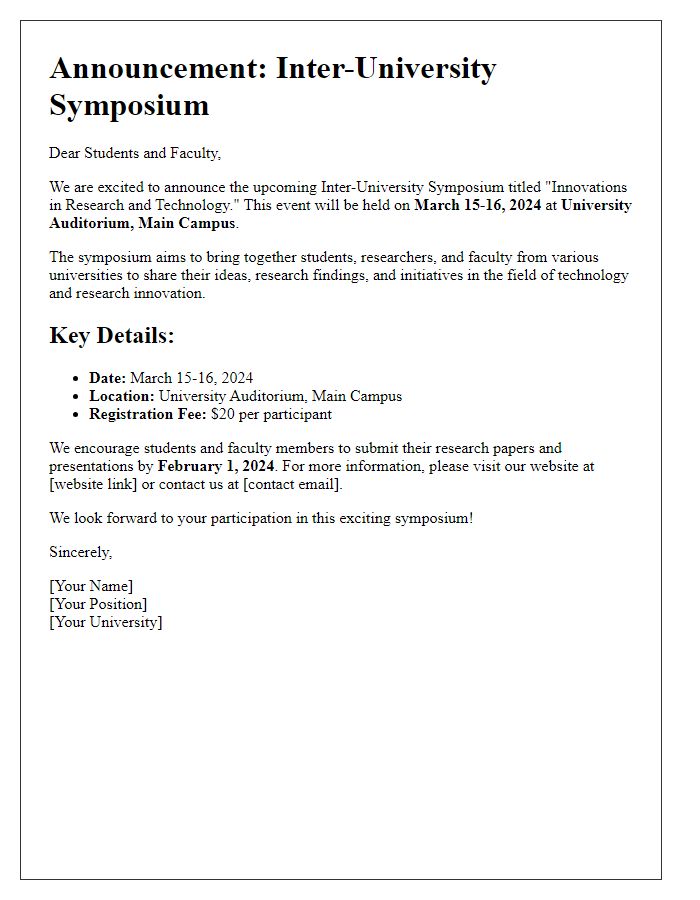 Letter template of announcement for inter-university symposium