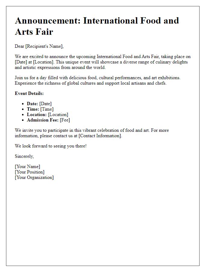 Letter template of announcement for an international food and arts fair.
