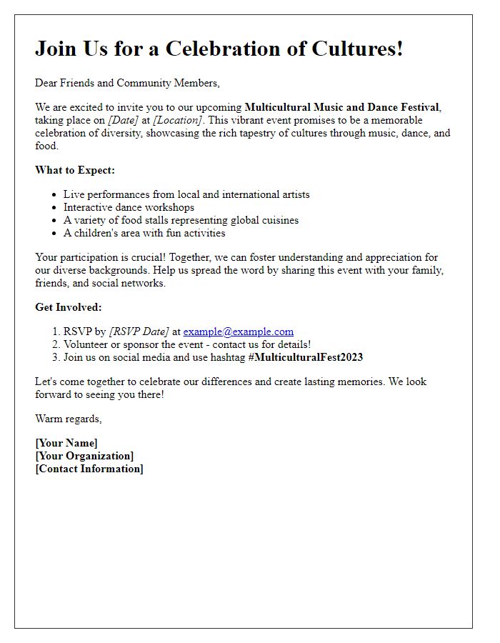 Letter template of call to action for a multicultural music and dance event.