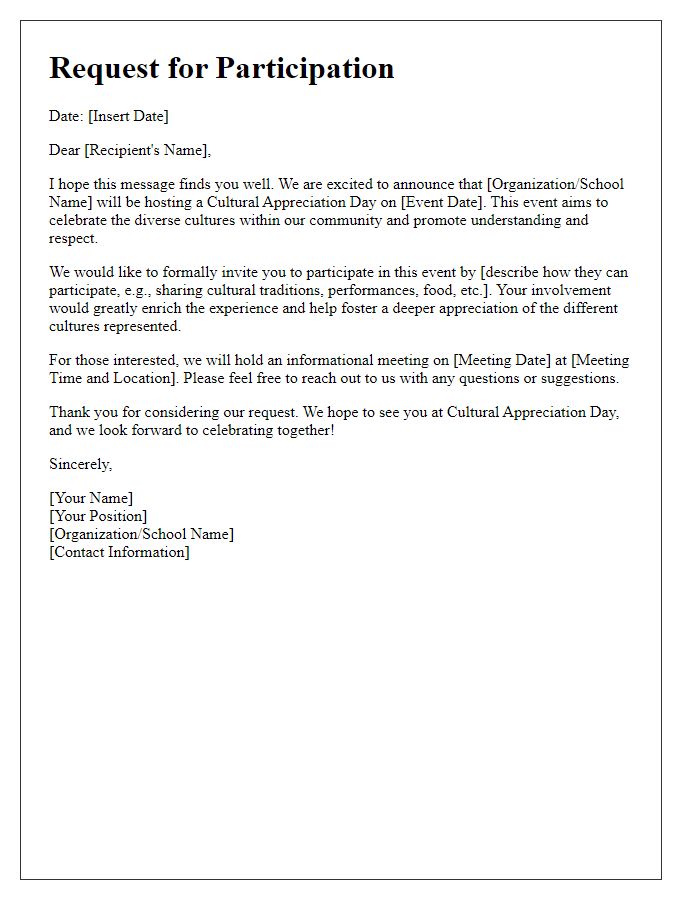 Letter template of participation request for a cultural appreciation day.