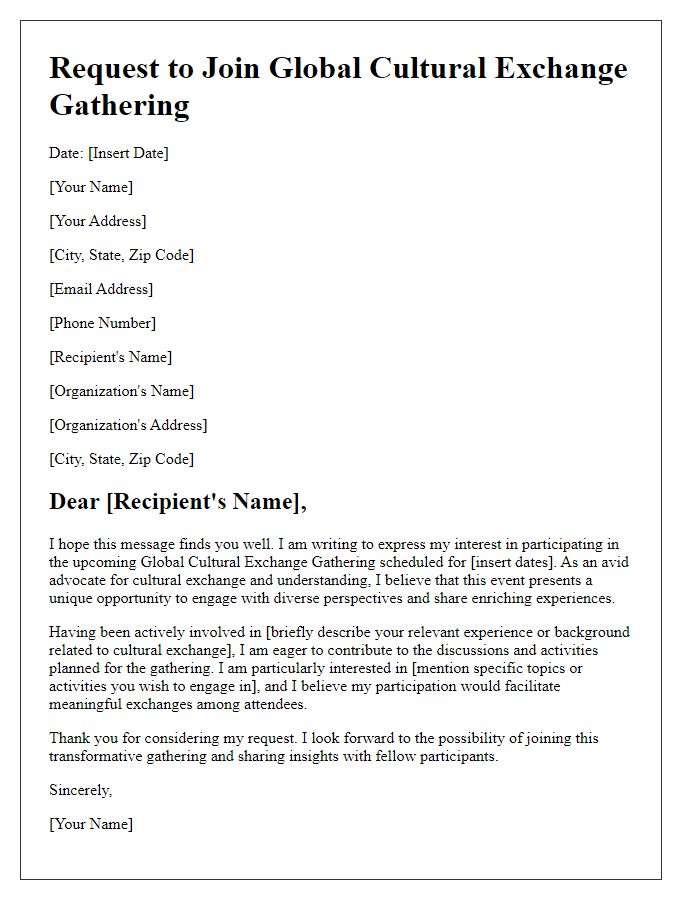 Letter template of request to join a global cultural exchange gathering.