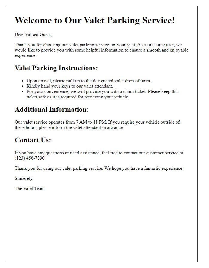 Letter template of valet parking courtesy notice for first-time users