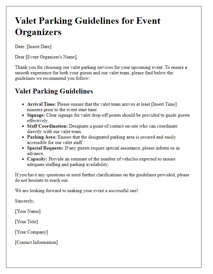 Letter template of valet parking guidelines for event organizers