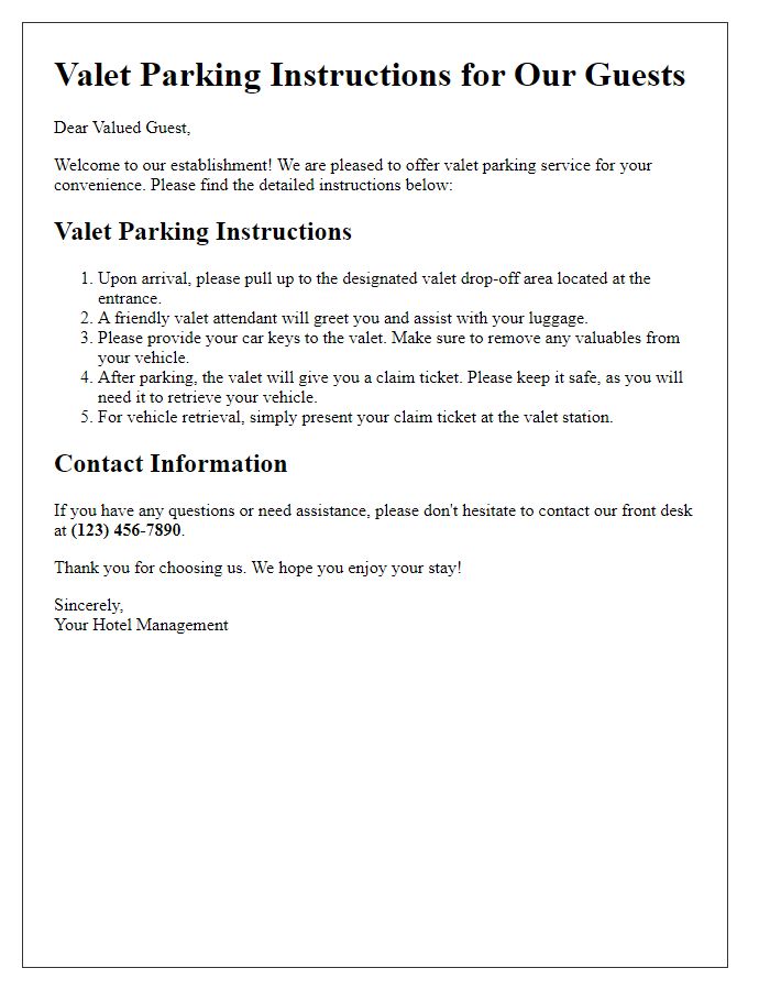 Letter template of valet parking instructions for guests