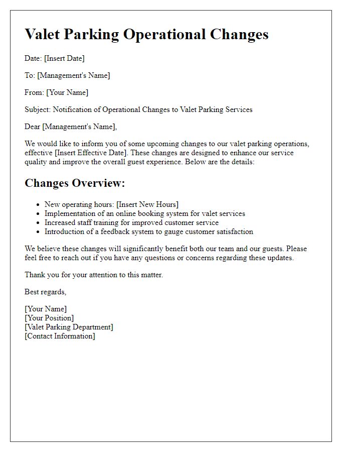 Letter template of valet parking operational changes for management