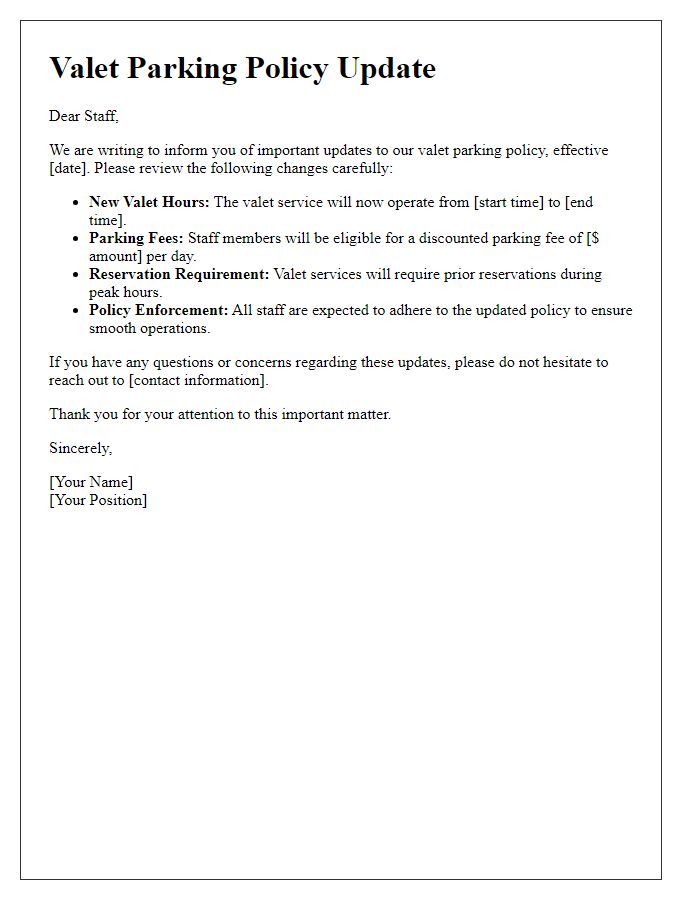 Letter template of valet parking policy updates for staff