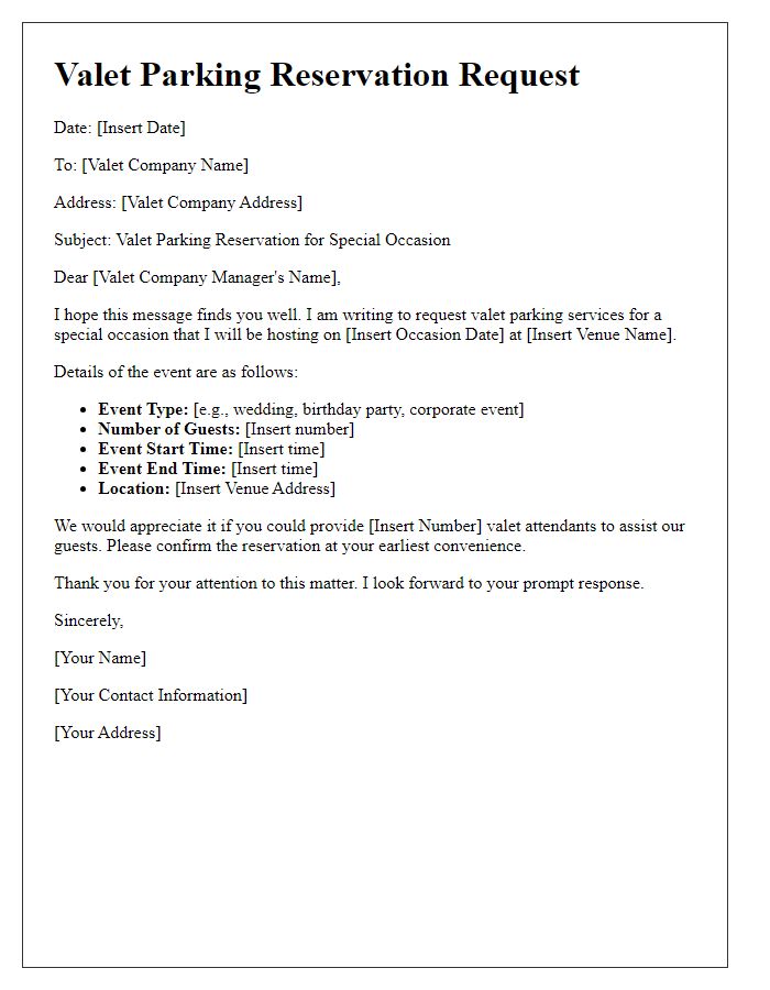 Letter template of valet parking reservation request for special occasions