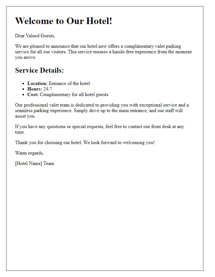 Letter template of valet parking service announcement for hotel visitors