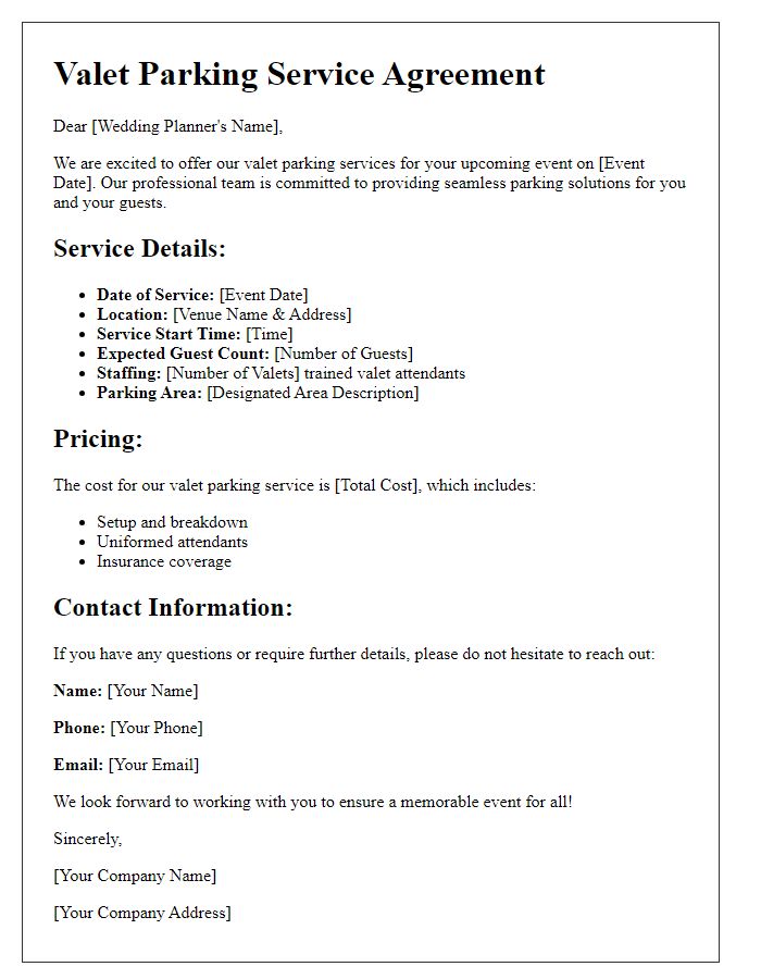 Letter template of valet parking service details for wedding planners