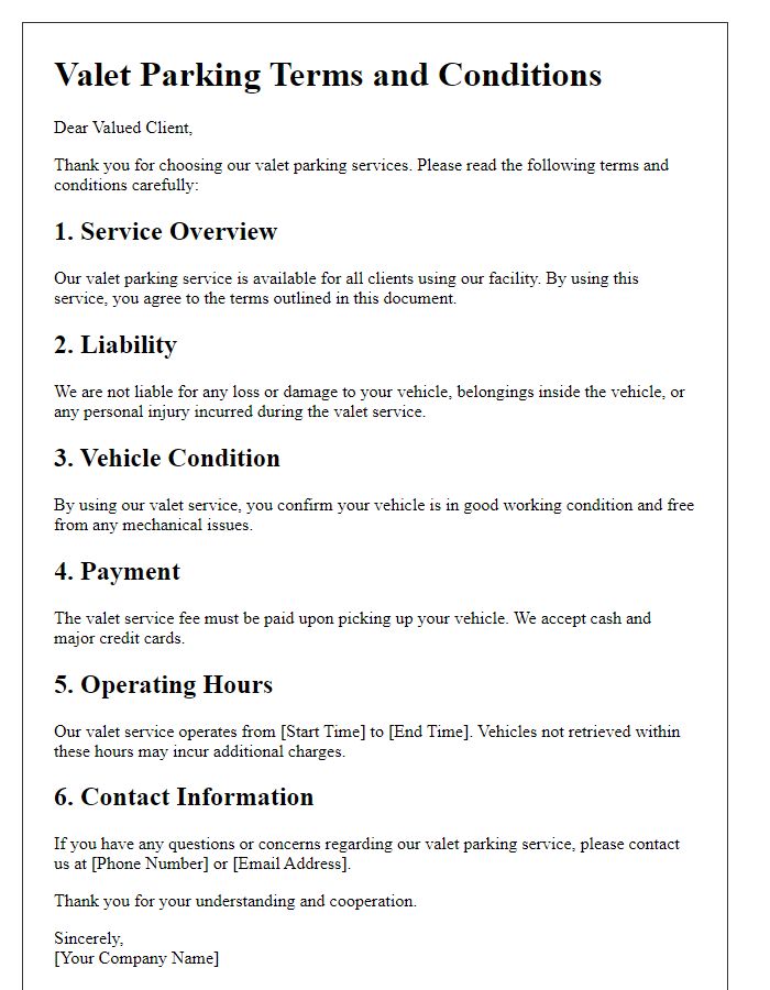 Letter template of valet parking terms and conditions for clients