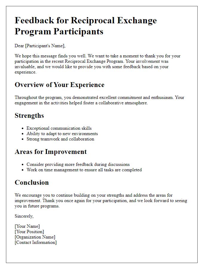 Letter template of feedback for participants in the reciprocal exchange program