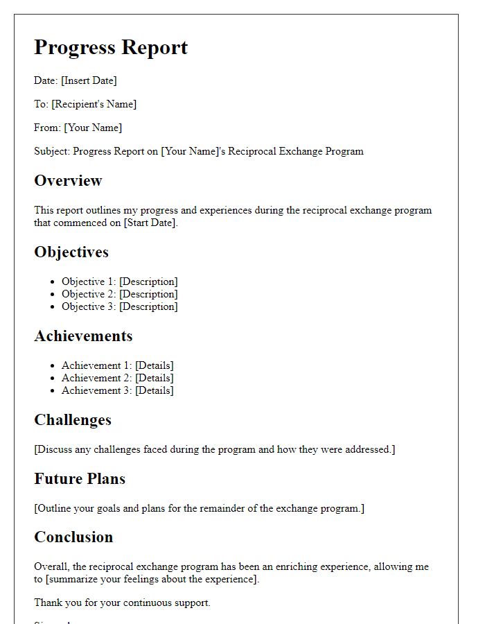 Letter template of progress report for the reciprocal exchange program