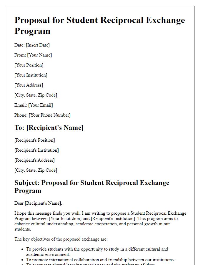 Letter template of proposal for student reciprocal exchange program