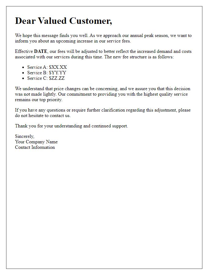 Letter template of annual peak season fee increase communication.