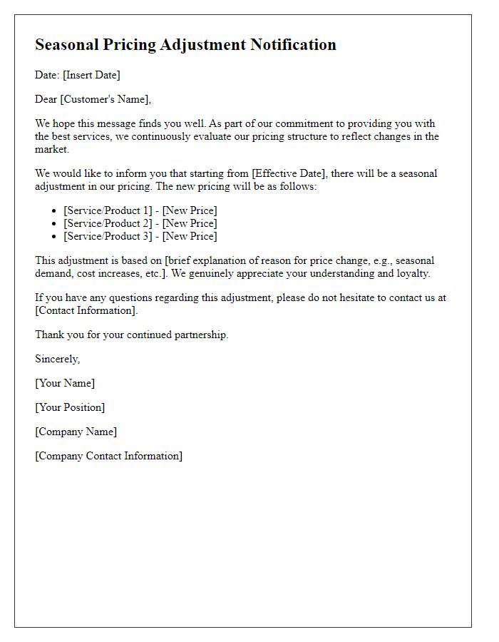 Letter template of seasonal pricing adjustment notification.
