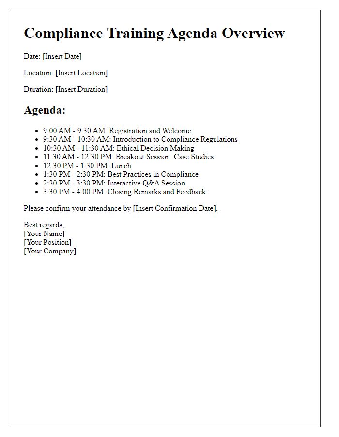 Letter template of compliance training agenda overview