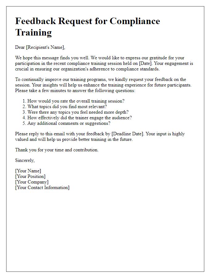 Letter template of compliance training feedback request