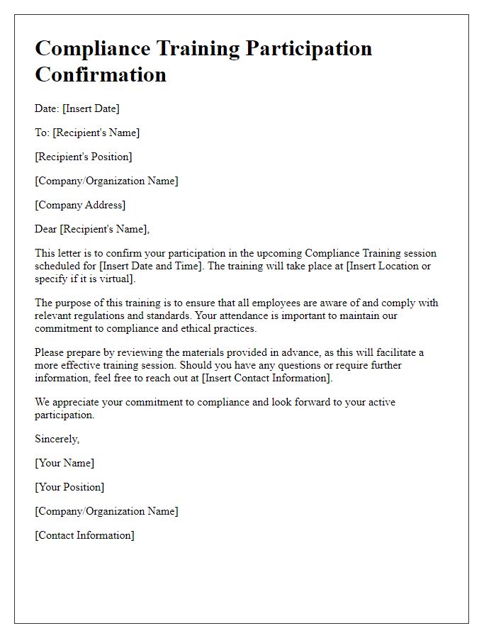 Letter template of compliance training participation confirmation