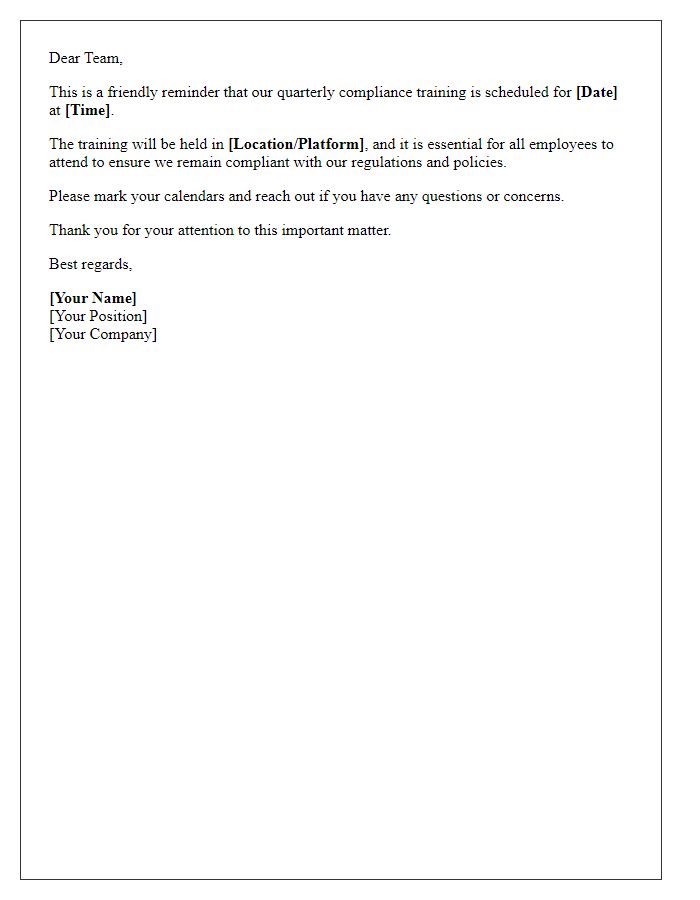 Letter template of quarterly compliance training reminder