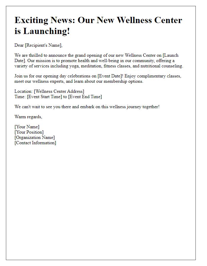 Letter template of announcement for new wellness center launch