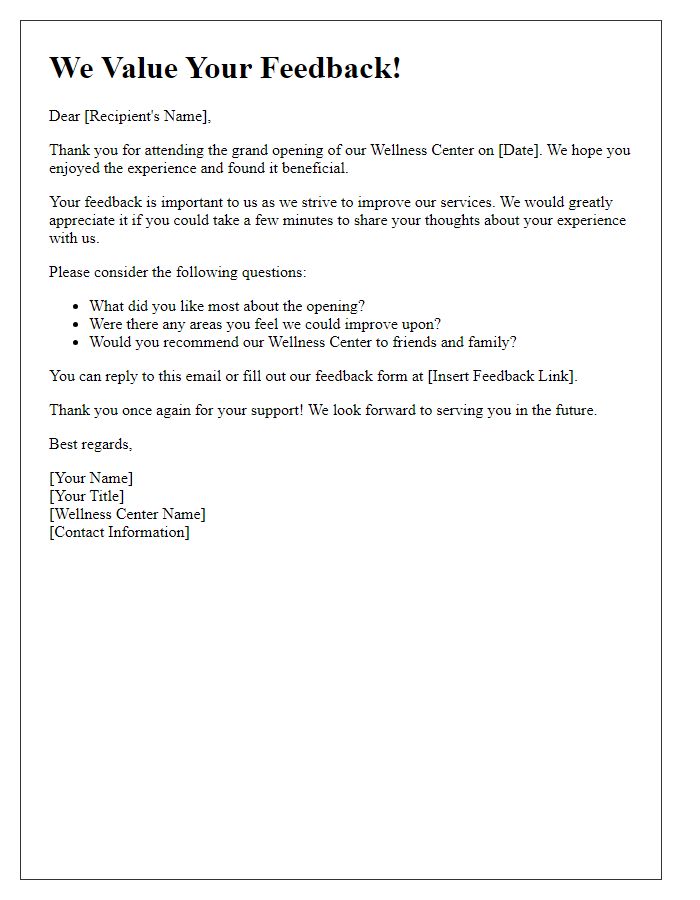 Letter template of feedback request for wellness center opening experience