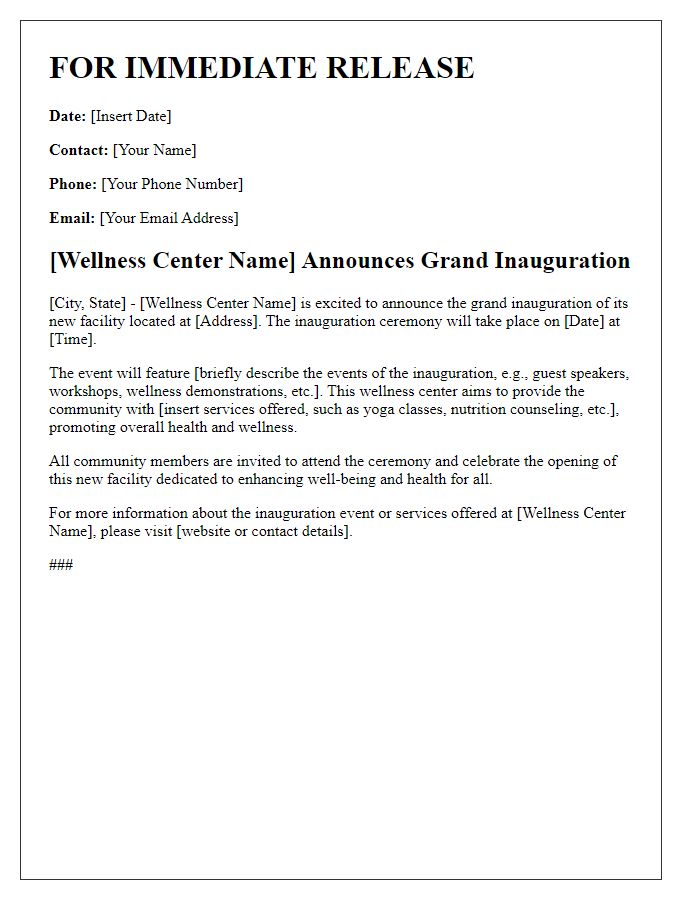 Letter template of press release for wellness center inauguration