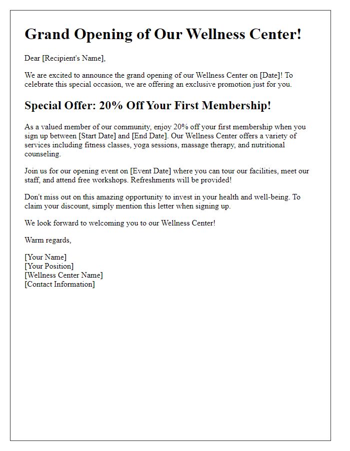 Letter template of promotional offer for wellness center opening