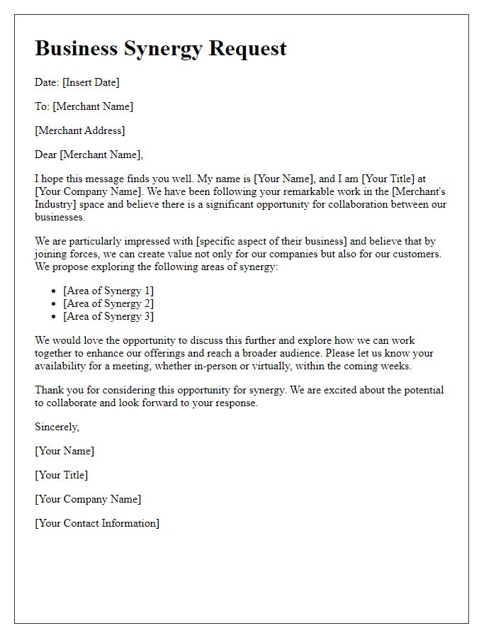 Letter template of business synergy request for merchants