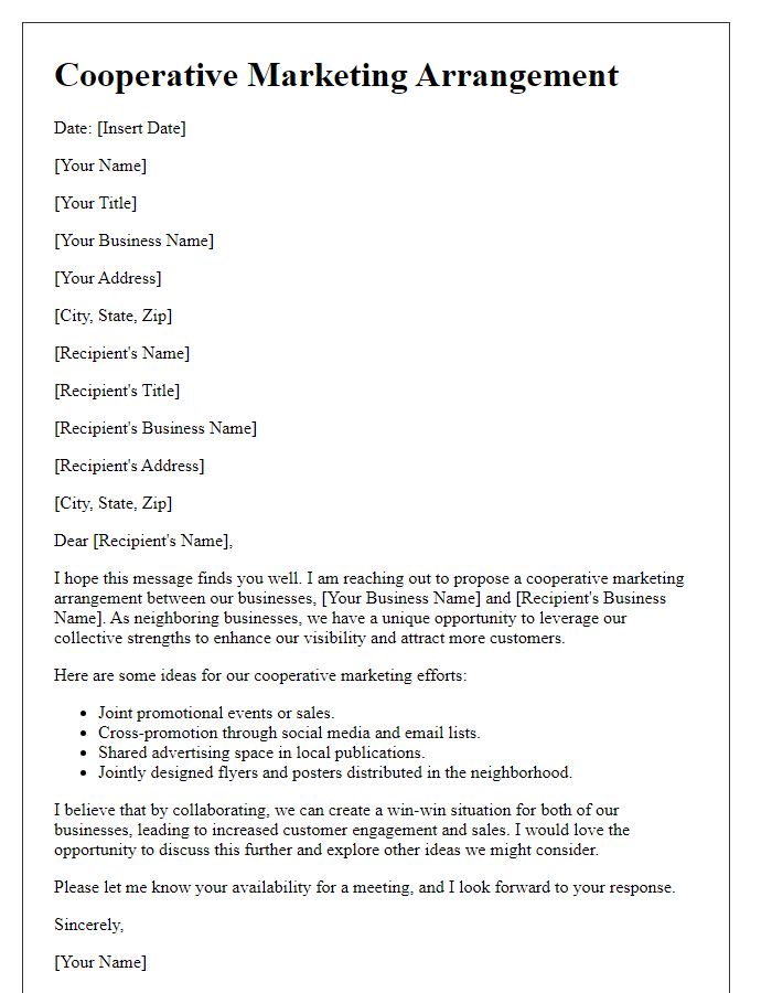 Letter template of cooperative marketing arrangement for neighborhood businesses