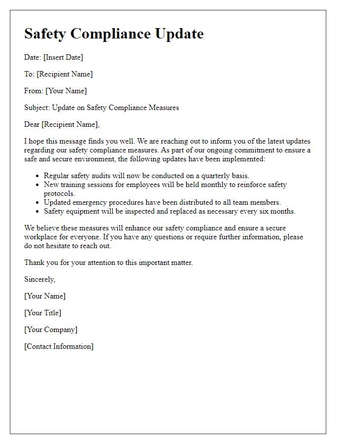 Letter template of safety compliance updates