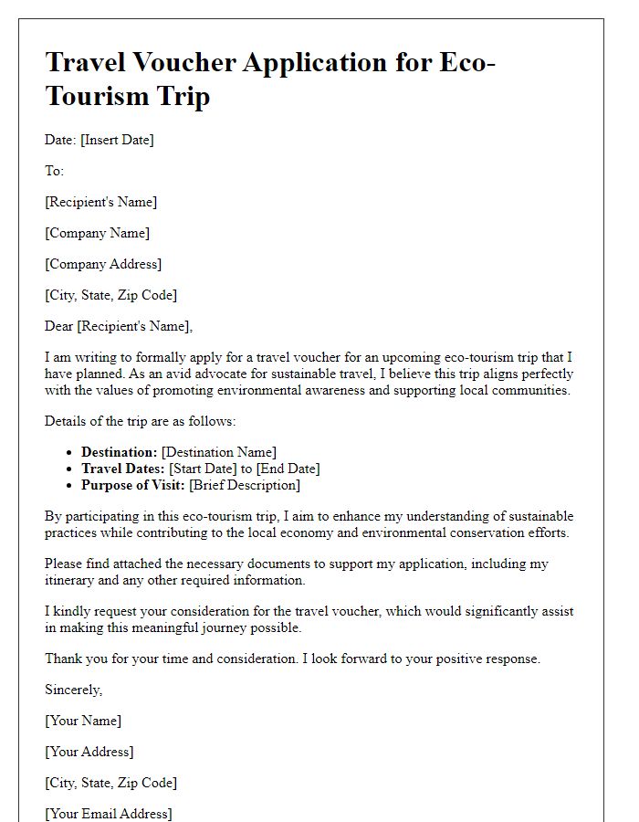 Letter template of travel voucher application for eco-tourism trip.