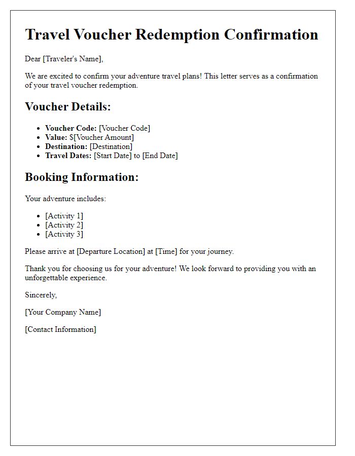 Letter template of travel voucher redemption for adventure travel.